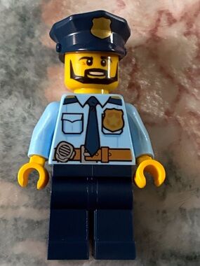 Lego Police Minifigure - Light Blue Torso, Dark Blue Hat & Pants, Yellow Head